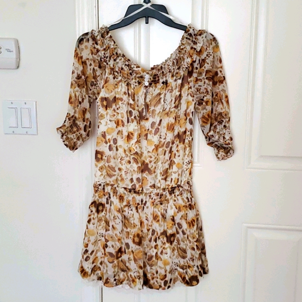 White and brown off-shoulder mini dress